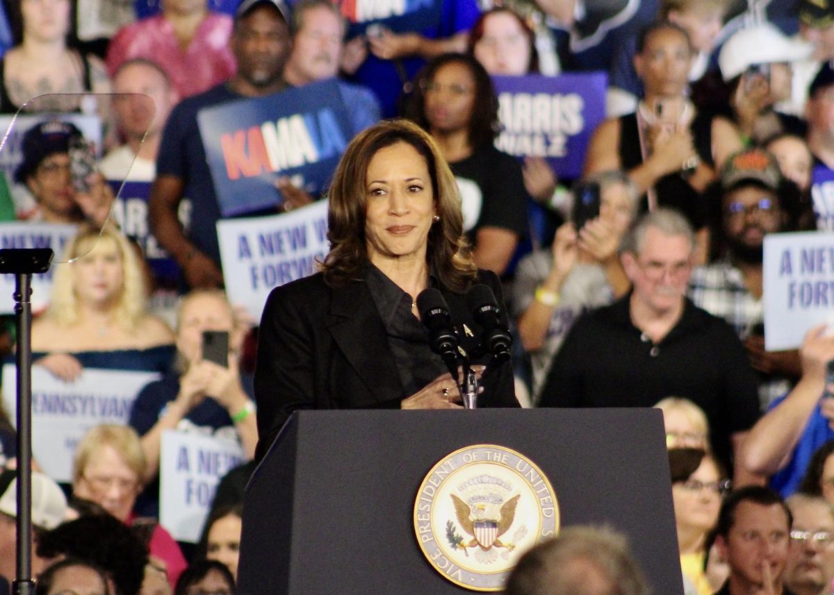 Vice President Harris speaks to a crowd of more than 4,100 people in the McHale Athletic Center at Wilkes University.