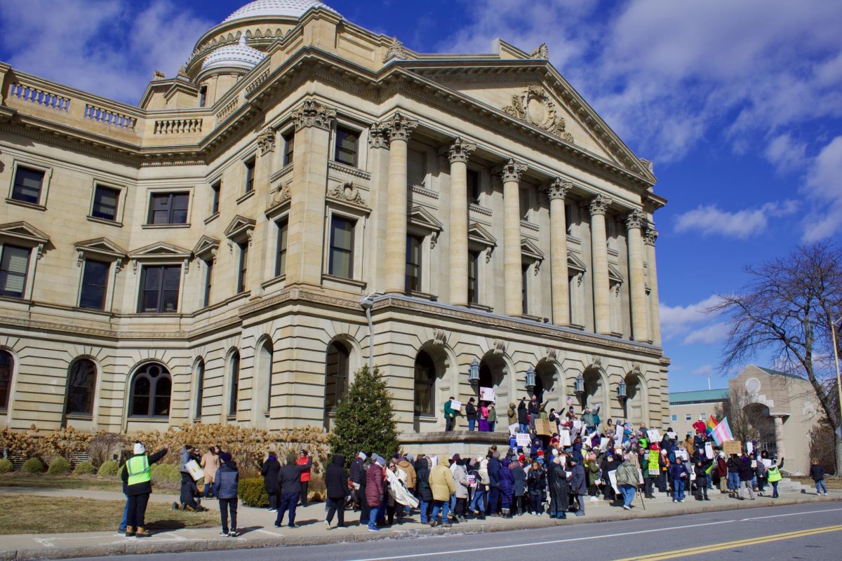 Hundreds march to and rally at the Luzerne County Courthouse on Presidents Day in a nationwide protest against Trump adminsitration policies.